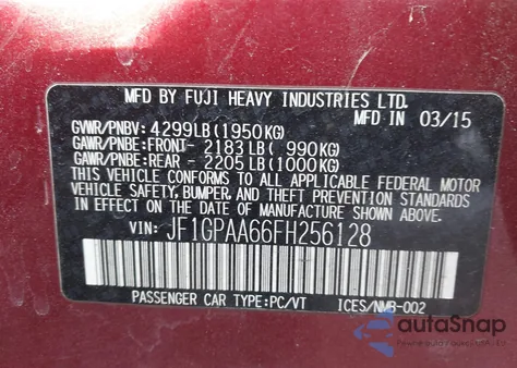 2015 Subaru Impreza 2.0I from USA, damaged, VIN JF1GPAA66FH256128